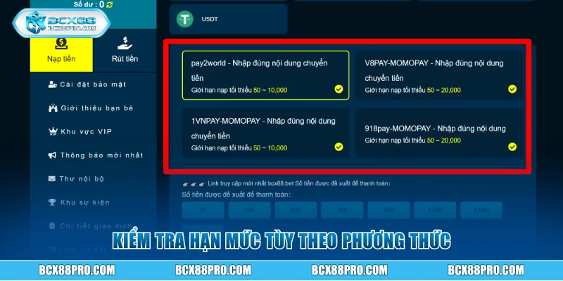 Hướng Dẫn Nạp Tiền BCX88 Để Có Vốn Tham Gia Cá Cược 8 Kiểm tra hạn mức tùy theo phương thức